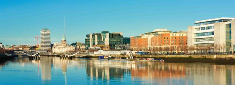 Dublin, ireland, panoramic view over liffey river on a bright day