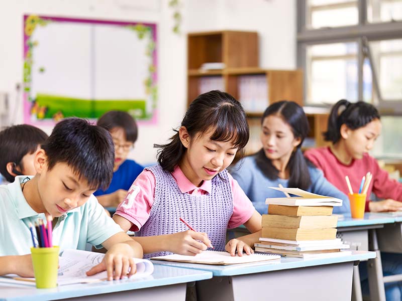group of asian primary school boys and girls studying in class_