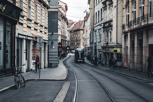 Narrow street in Graz, a city in Austria