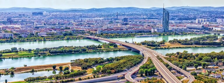 Vienna skyline, panoramic view on the danube and the roads