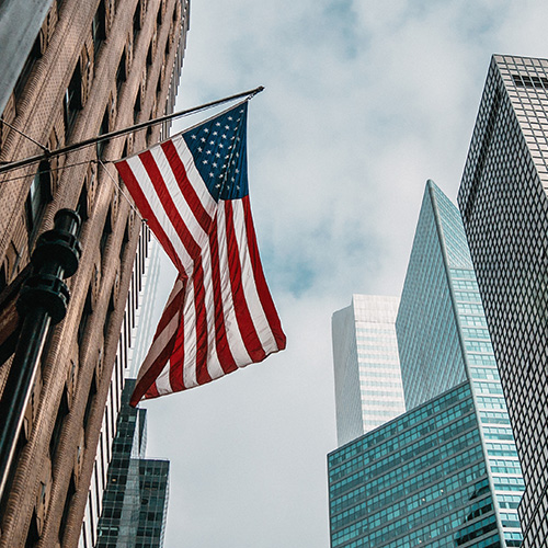 USA flag in city