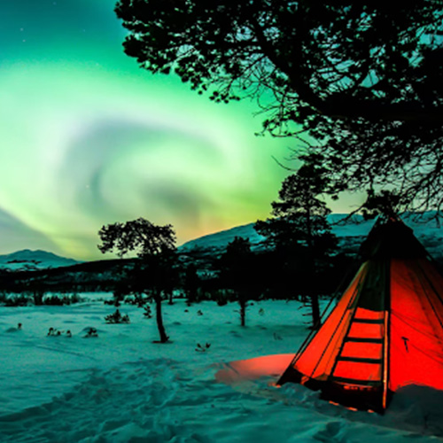 Red tent in a snow covered field in Sweden with the Northern Lights bright overhead