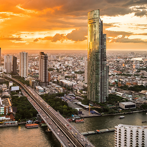 cityscape view and building at twilight in bangkok, thailand