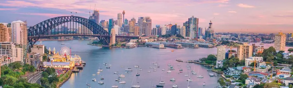 Downtown Sydney skyline in Australia from top view at twilight
