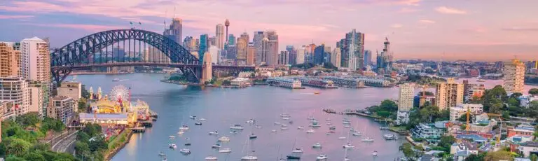 Downtown Sydney skyline in Australia from top view at twilight