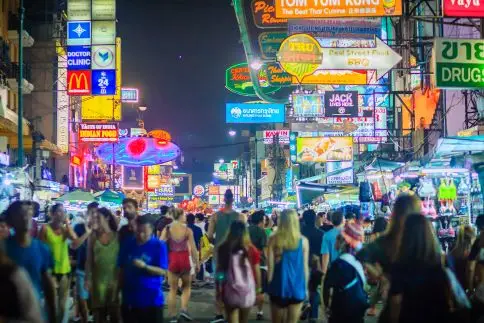 Tourists and backpackers visited at Khao San Road night market. Khao San Road is a famous low budget hotels and guesthouses area in Bangkok.