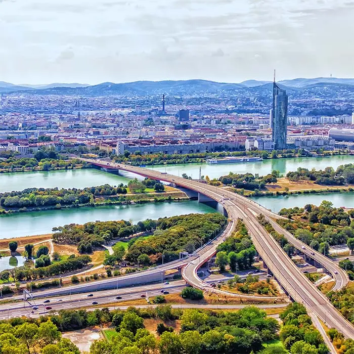 Vienna skyline, panoramic view on the Danube and the roads