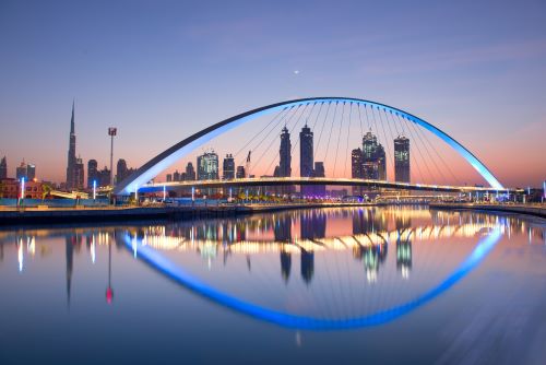 Dubai water canal at sun rise, Dubai, United Arab Emirates