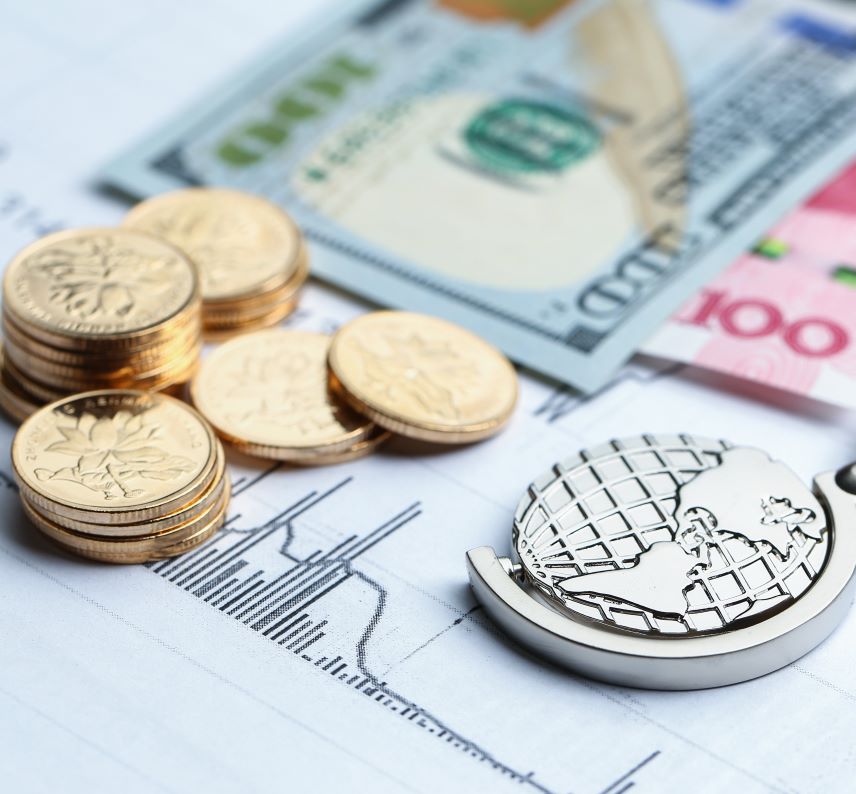 Coins, paper money and globe on white Statistic form background