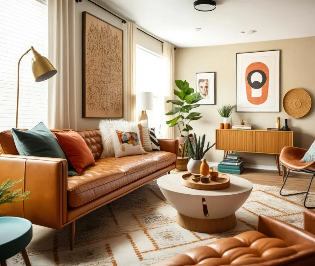 living room Mid Century style with warm colors.