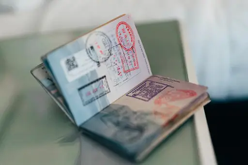 Visa stamp in a passport.