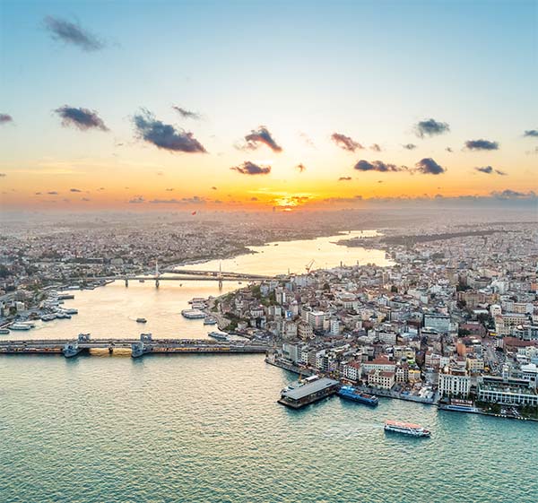 Aerial drone panoramic view of istanbul at sunset turkey