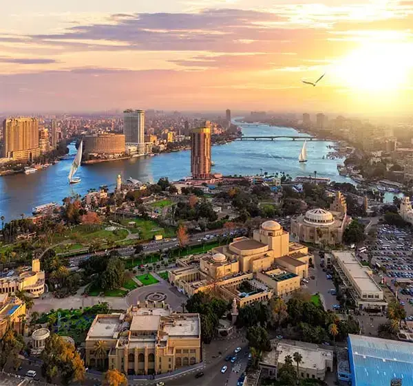 Aerial view on the downtown of cairo and the nile at sunset egypt