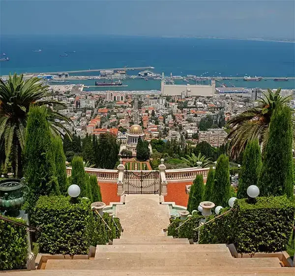 Bahai Gardens. Haifa panoramic view of the city and the Mediterranean Sea