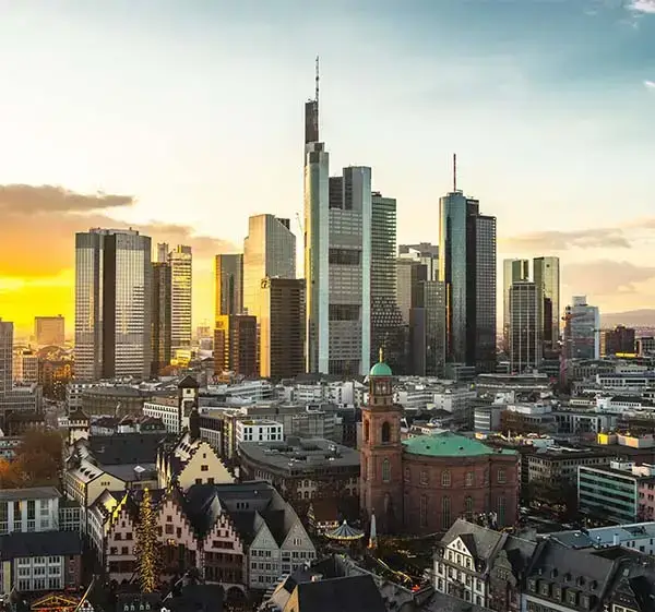 Cityscape of frankfurt covered in modern buildings during the sunset in germany