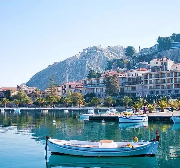 Harbor in Greece city Nafplio and fortress Palamidi