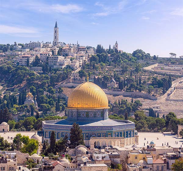 Jerusalem Old City cityscape, the famous Dome of the Rock, a Muslim shrine, shines on top of the Temple Mount also known as Haram al-Sharif