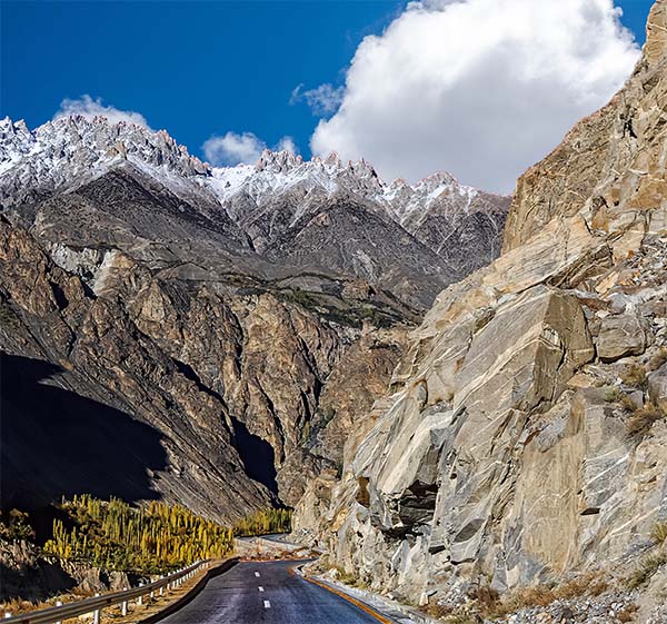 Karakoram highway and glacial Rocky mountains near the China Pakistan border