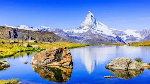 Matterhorn peak reflected in Stellisee Lake in Zermatt, Switzerland