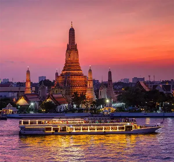 Wat arun and cruise ship in sunset time, bangkok city ,thailand