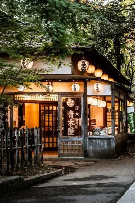 japanese structure with lanterns and nature