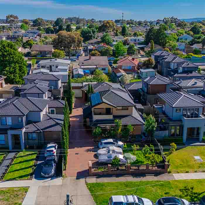Aerial Drone View of Brick Veneer town houses in Melbourne Northern Suburb Victoria Australian