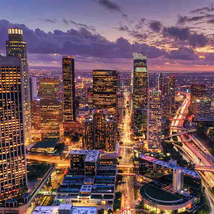 Aerial shot of downtown los angeles at night