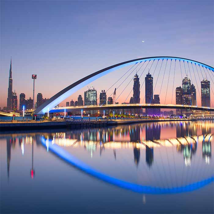 Dubai water canal at sun rise, dubai, united arab emirates