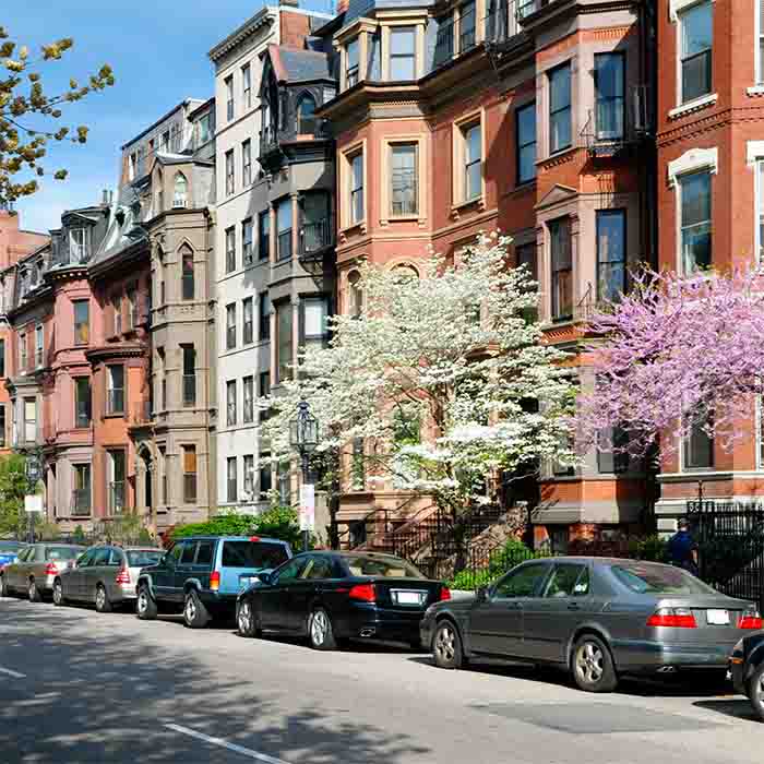Elegant brownstones in a residential street of Back Bay, Boston