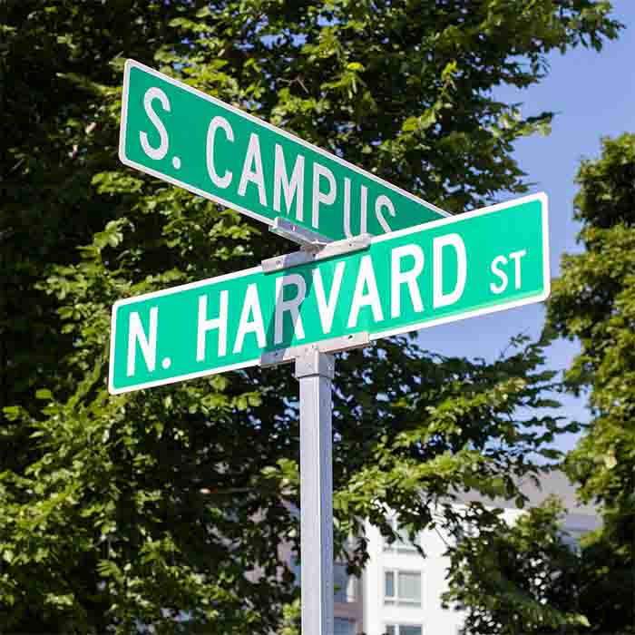 North Harvard Street and South Campus Drive signs on the Harvard University's Allston campus in Boston, Massachusetts.