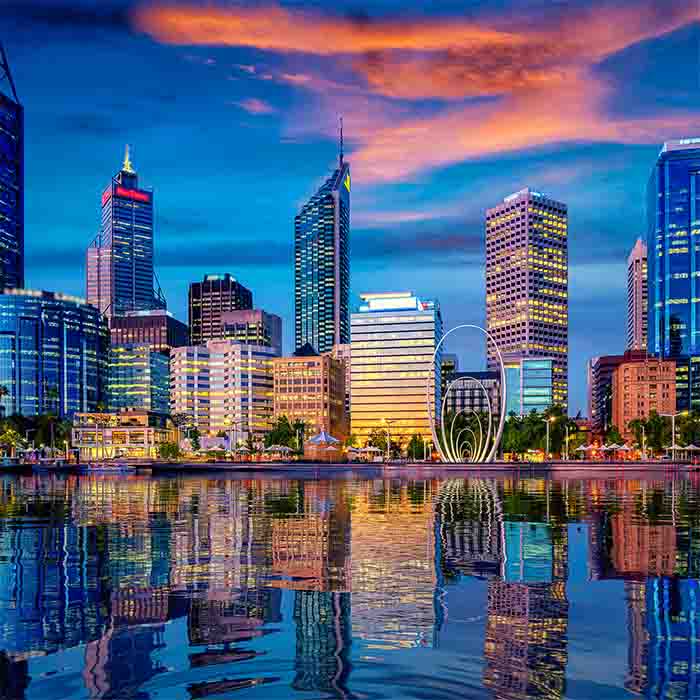 Sunset in Perth city with building and river