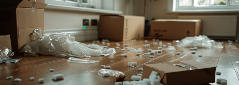 A room scattered with packing boxes and packing materials