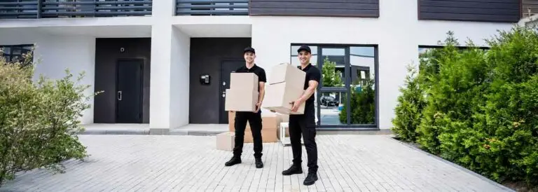 Two International Removals crew with packing boxes outside a house