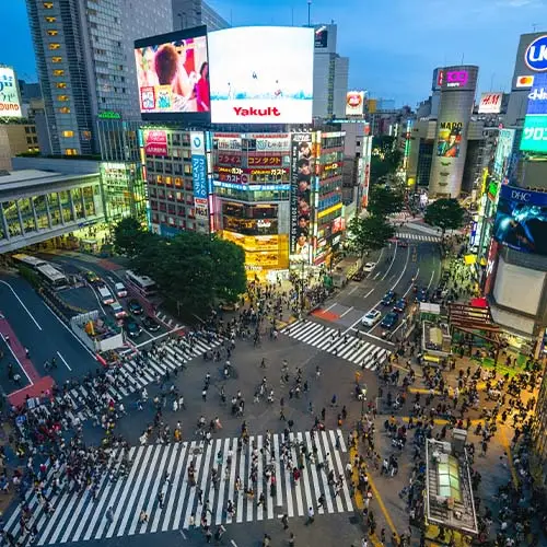 shibuya crossing a world famous and iconic also the busiest intersection in front of the shibuya station tokyo japan hundreds of people from all directions at once cross at a time