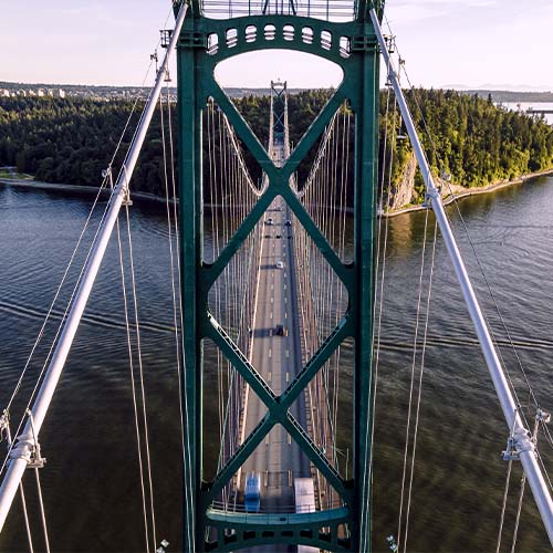 Aerial shot of the beautiful lions gate bridge, vancouver, british columbia