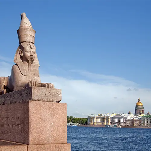 Granite egypt sphinx on the neva river embankment