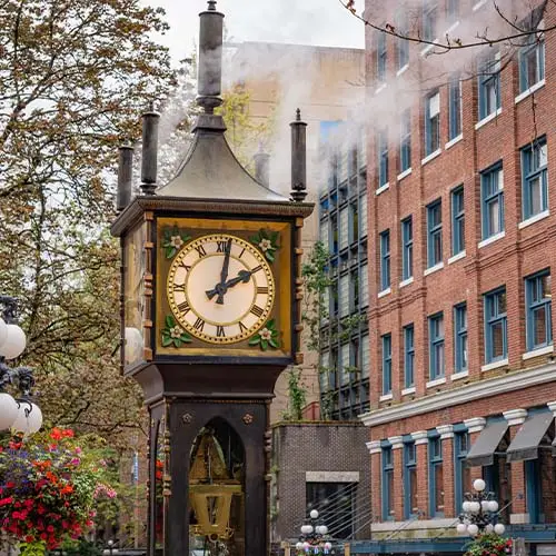 Iconic steam clock in Gastown neighborhood of Vancouver, BC, Canada.