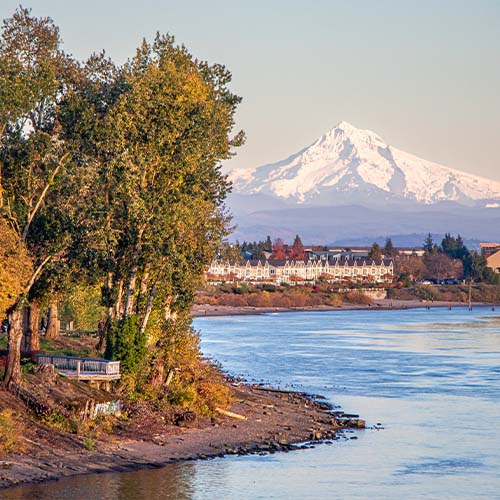 Vancouver Waterfront, Columbia River, and Mt. Hood in the distance - Vancouver, Washington, USA
