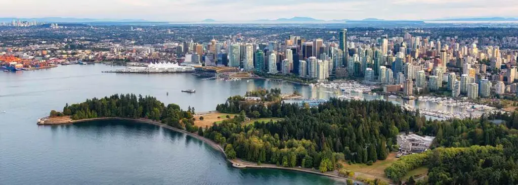 Coal harbour port and modern downtown city aerial view vancouver bc canada