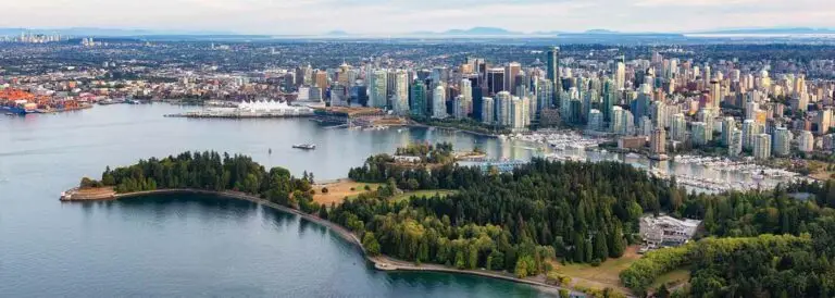 Coal harbour port and modern downtown city aerial view vancouver bc canada
