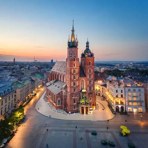 Aerial view of St Mary's Basilica in Krakow Poland