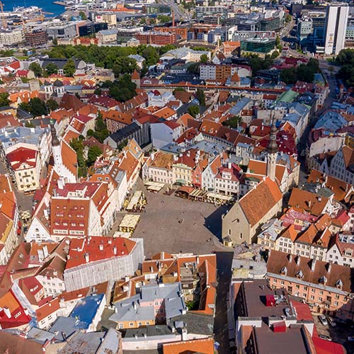 Aerial view of the medieval, beautiful walled city of tallinn, estonia