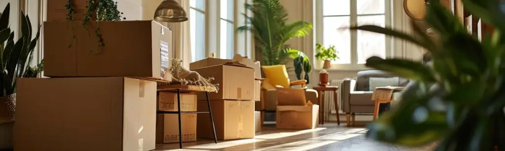 Room with boxed up belongings ready for international move